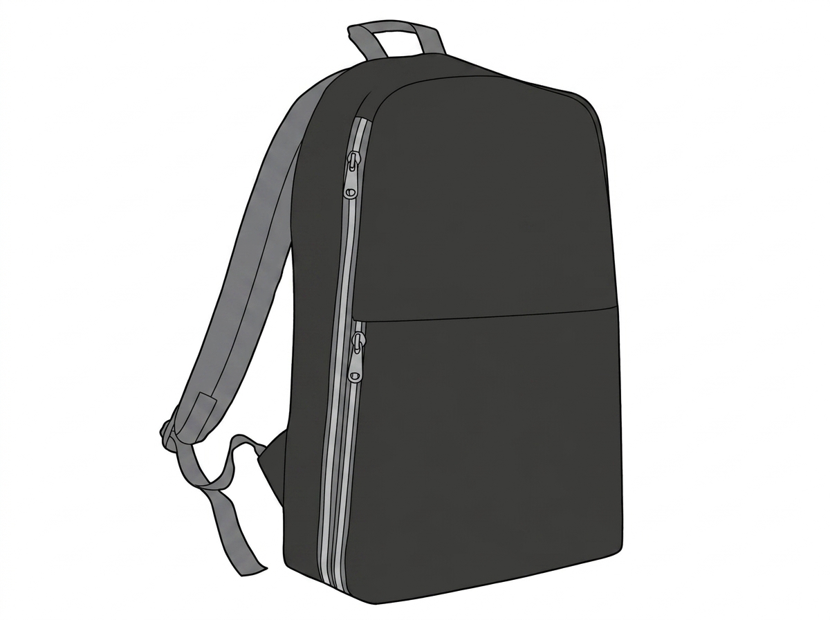 Technical illustration of the Ruckside backpack showing the side-length zip
